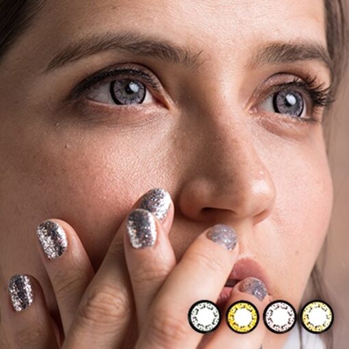 A woman with different Colorpia Mimi Series cosmetic colored lenses