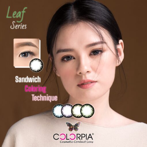 A woman with different Colorpia The Leaf Series cosmetic colored lenses