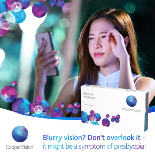 A woman holding a phone with blurry vision, sign to get Biofinity Multifocal Presbyopia Lenses