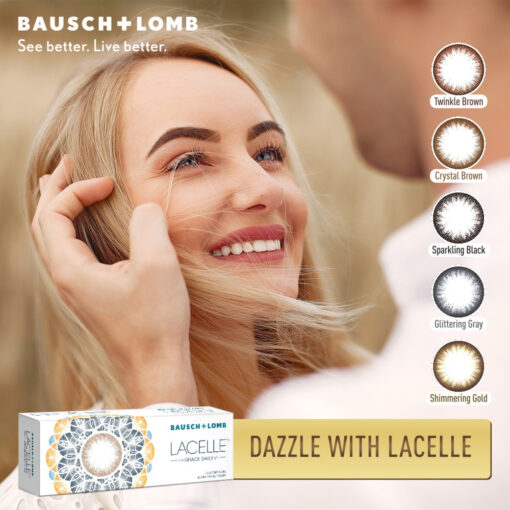 Woman touching face with a box of Bausch + Lomb Lacelle Jewel coloured monthly contact lenses